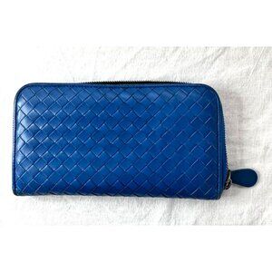 Bottega Veneta‎ Intrecciato Blue Leather Zip-Around Wallet with COA